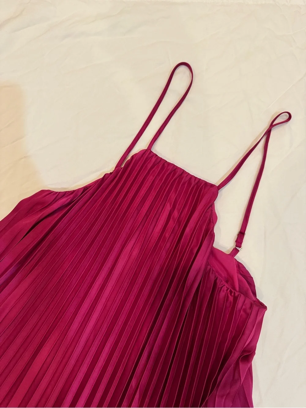 Pleated Satin Spaghetti Strap Dress in Fuchsia - Picture 2 of 3
